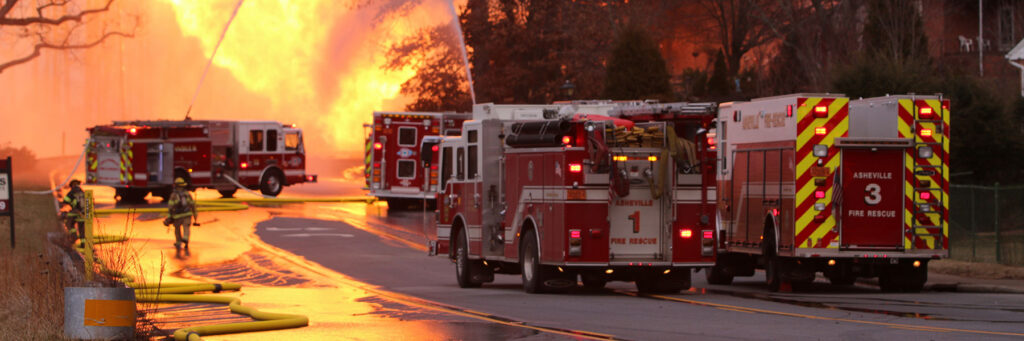 Fire Fighters at work to stop fire caused by a gas leak