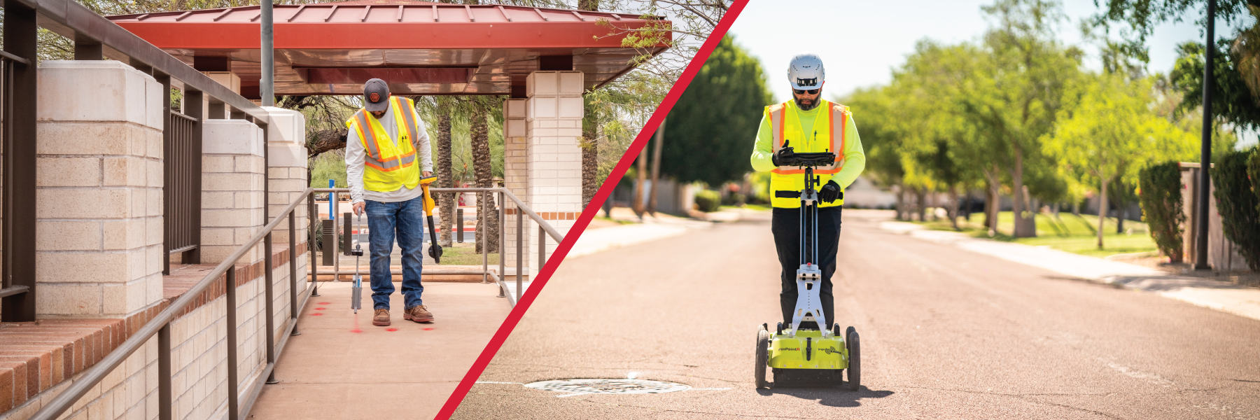 On the left, a Safe Site worker locating utilities, on the right, another worker performing utility mapping