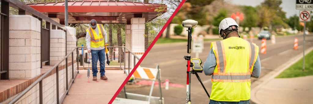 On the left, a Safe Site worker locating utilities, on the right, another worker performing utility mapping