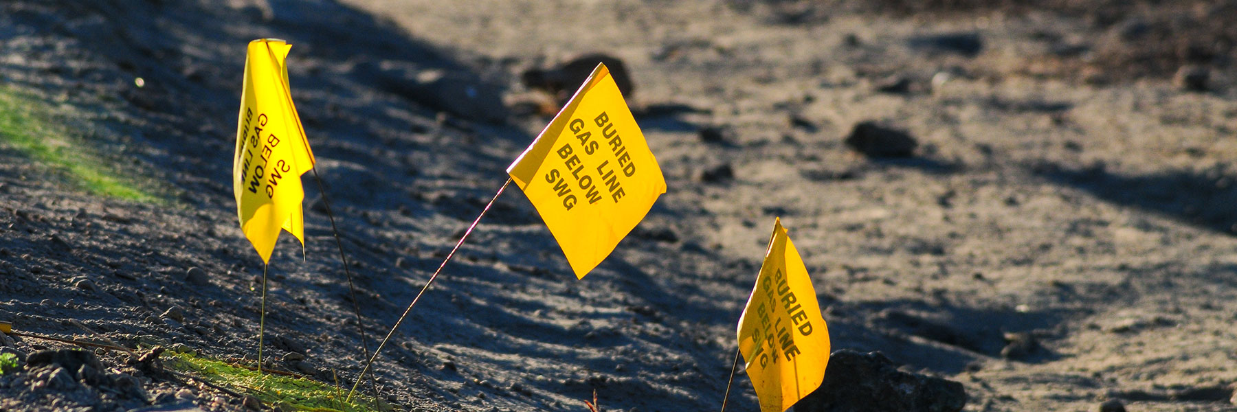 yellow flags on the ground showing gas lines buried underground